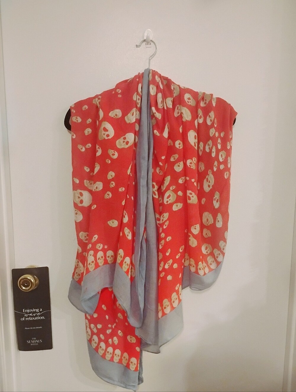Zara Red Skull Print Wrap with Light Blue Border